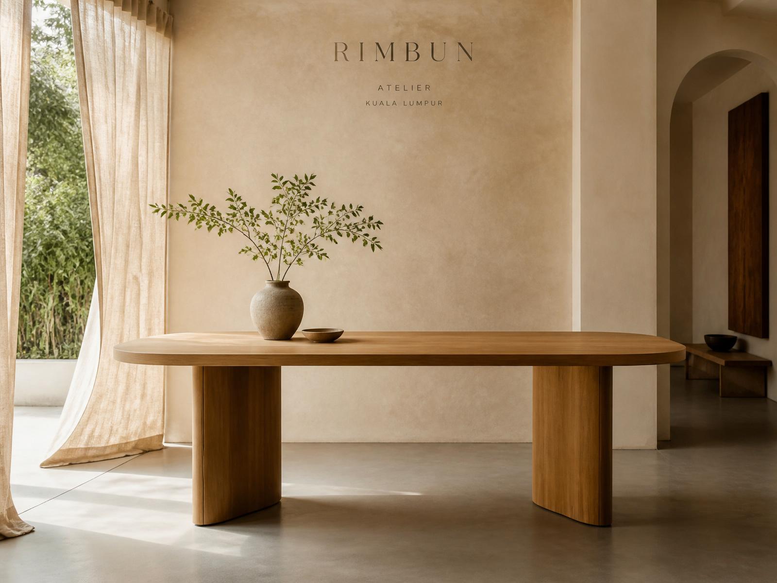 A serene, light-filled corner of the Almary atelier with a single oak dining table