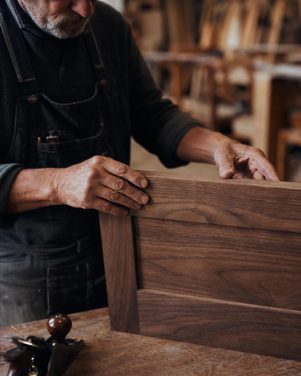 A hand resting on the grain of a solid walnut tabletop